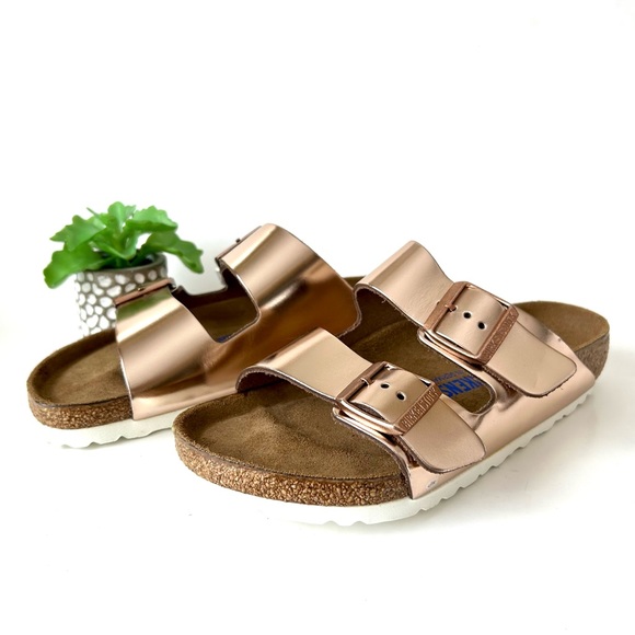 Rose Gold Metallic Copper Birkenstock Arizona Two Strap Sandals New Size 37 - Picture 2 of 11